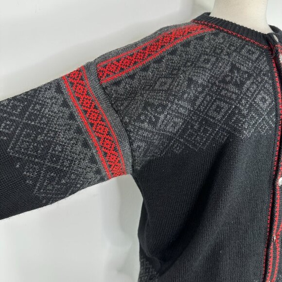 NORLENDER Knitwear Black Red Wool Knit Fair Isle Button Cardigan Sweater Size L - Picture 6 of 11